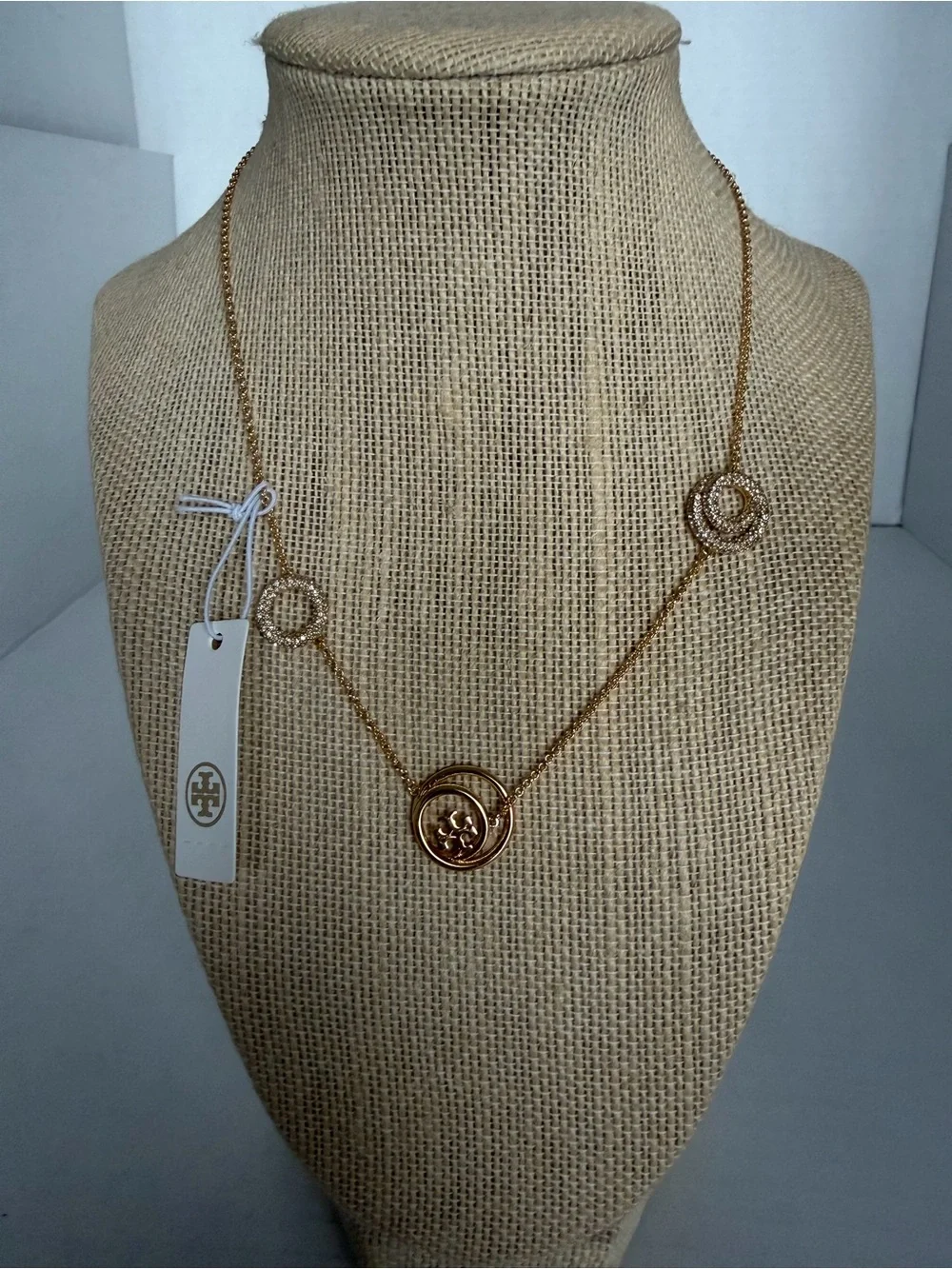 Tory Burch Miller T Gold Double-Circle Pendant Necklace with Crystal Rings